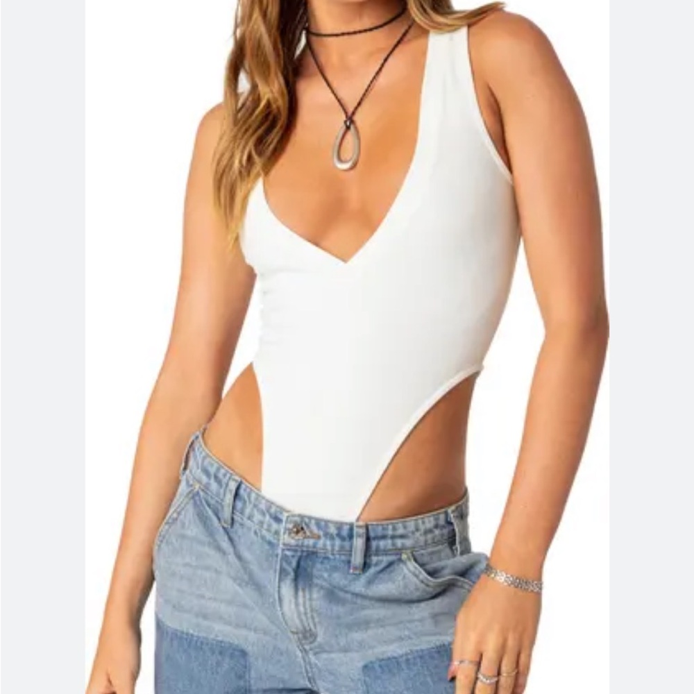 Women's White V-Neck Bodysuit
